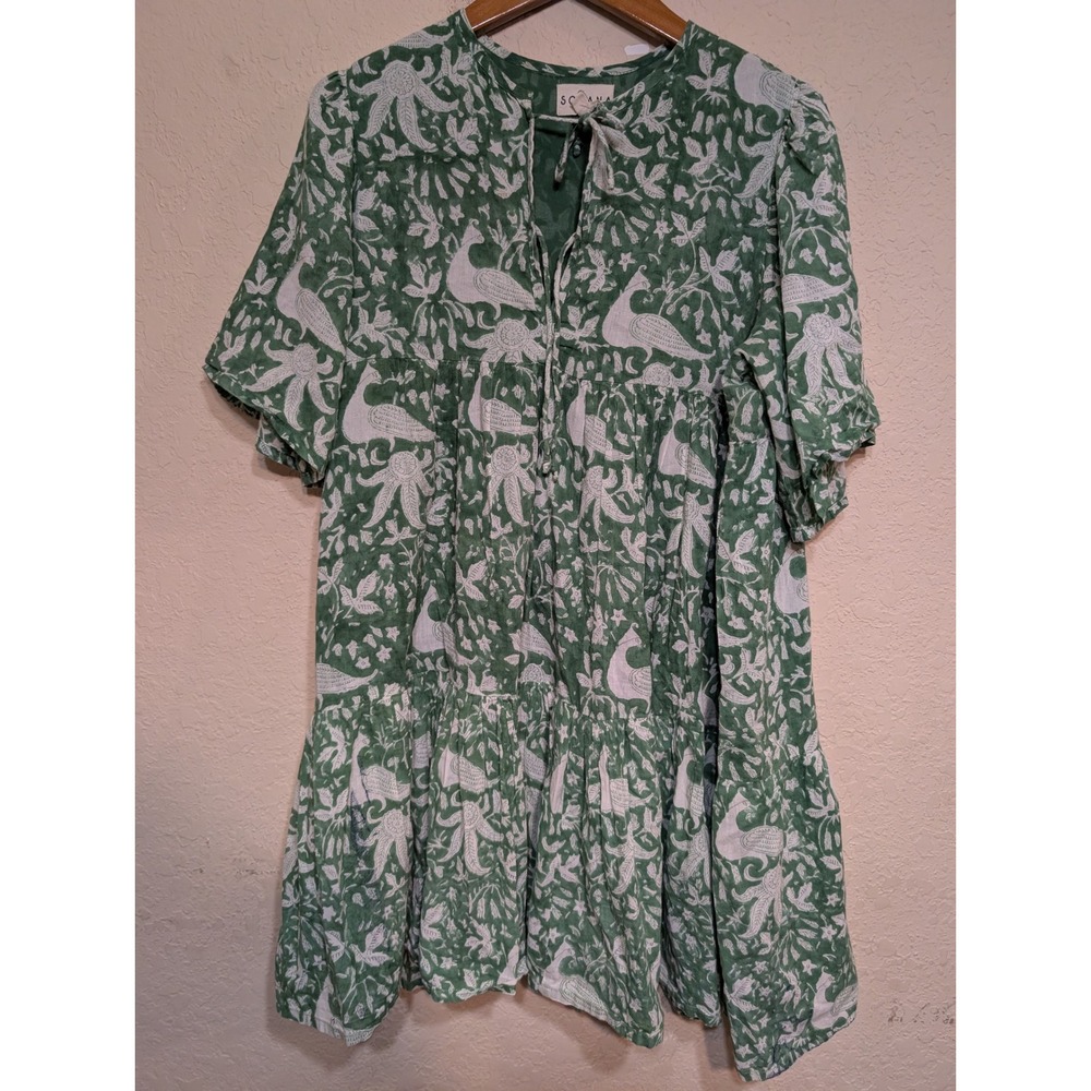 Sohana Green Floral Print Tiered‎ Mini Dress Womens Size L Short Sleeve